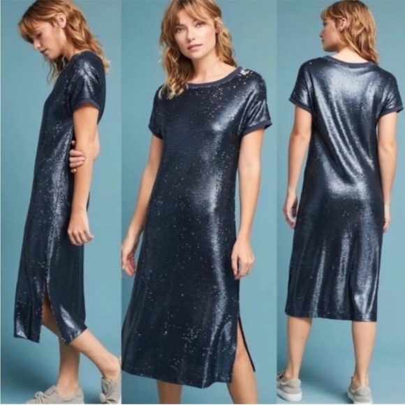Anthropologie Moulinette Soeurs Interstellar Sequin Dress Blue Sz Small Shift - Picture 2 of 12